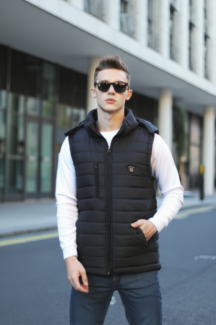 Black Sleeveless Removable Hood Puffer Jacket