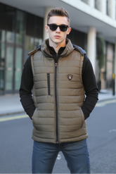 Olive Sleeveless Removable Hood Puffer Jacket