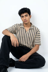 Gambluss Beige & Black Striped Turkish Textured Drop Shoulder Polo Shirt | Premium Men's Knit Polo