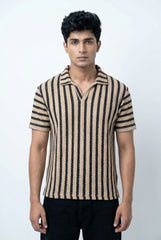 Gambluss Beige & Black Striped Turkish Textured Drop Shoulder Polo Shirt | Premium Men's Knit Polo