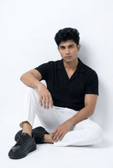 Gambluss Black Textured Cuban Collar Shirt | Premium Men's Stretch Half Sleeve Shirt
