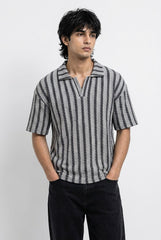 Gambluss Grey & Black Striped Turkish Textured Drop Shoulder Polo Shirt | Premium Men's Knit Polo