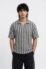 Gambluss Grey & Black Striped Turkish Textured Drop Shoulder Polo Shirt | Premium Men's Knit Polo