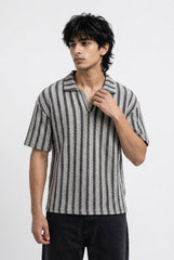 Gambluss Grey & Black Striped Turkish Textured Drop Shoulder Polo Shirt | Premium Men's Knit Polo