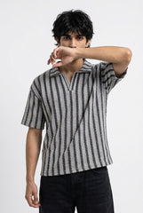 Gambluss Grey & Black Striped Turkish Textured Drop Shoulder Polo Shirt | Premium Men's Knit Polo
