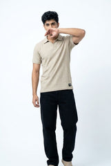 Gambluss Knitted Cotton Textured Johnny Collar Polo Shirt - Beige
