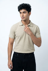 Gambluss Knitted Cotton Textured Johnny Collar Polo Shirt - Beige