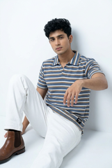 Gambluss Knitted Cotton Textured Striped Polo Shirt | Premium Men's Cotton Blend Polo