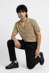 Gambluss Peanut Brown Textured Cuban Collar Shirt | Premium Men's Stretch Half Sleeve Shirt