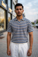Gambluss Knitted Cotton Textured Polo Shirt - Stripped