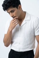 Gambluss White Textured Cuban Collar Shirt | Premium Men's Stretch Half Sleeve Shirt