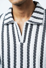 Gambluss White & Black Striped Turkish Textured Drop Shoulder Polo Shirt | Premium Men's Knit Polo