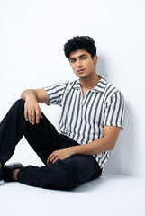 Gambluss White & Black Striped Turkish Textured Drop Shoulder Polo Shirt | Premium Men's Knit Polo