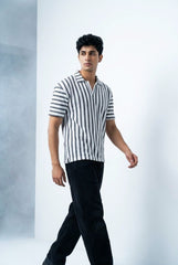 Gambluss White & Black Striped Turkish Textured Drop Shoulder Polo Shirt | Premium Men's Knit Polo