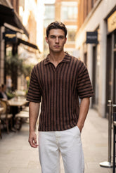 Turkish Drop Shoulder Textured Johnny Collar Polo Shirt – Brown - Gambluss Wardrobe