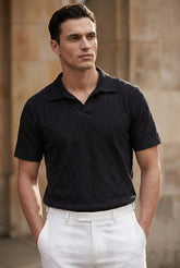 Johnny Collar Embossed Textured Polo Shirt for Men | Black - Gambluss Wardrobe