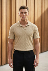 Johnny Collar Embossed Textured Polo Shirt for Men | Beige - Gambluss Wardrobe