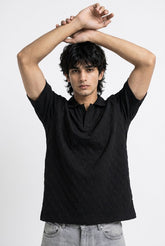 Johnny Collar Embossed Textured Polo Shirt for Men | Black
