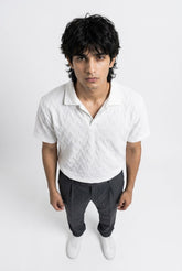Johnny Collar Embossed Textured Polo Shirt for Men | White