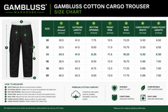 Gambluss Cotton Cargo Trouser size chart with garment image and measurement details.