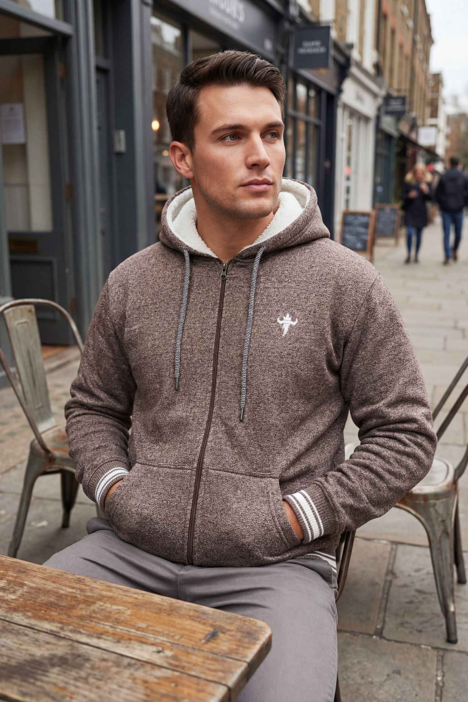 Gambluss Dark Brown Winter Hoodie – Chain Yarn Fleece 350 GSM with Fur Inner