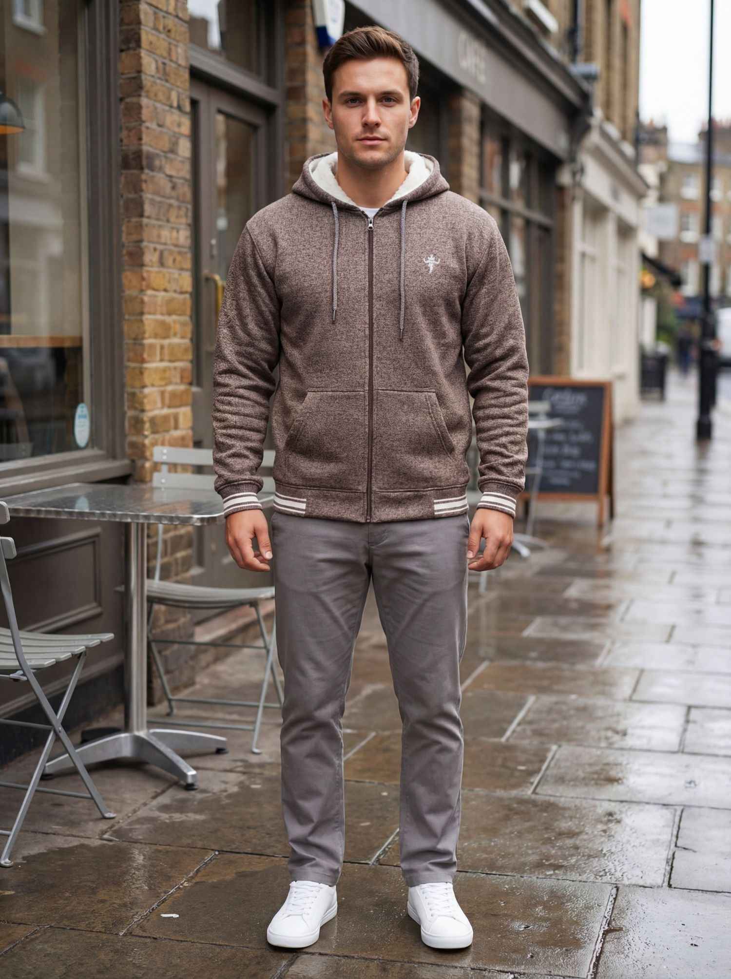 Gambluss Dark Brown Winter Hoodie – Chain Yarn Fleece 350 GSM with Fur Inner