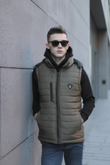 Olive Sleeveless Removable Hood Puffer Jacket