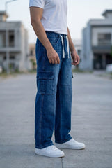 Gambluss Draw String Baggy Denim Cargo Pants – dark blue