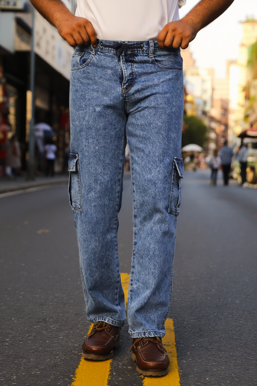 Gambluss Acid Washed Relaxed-Fit Denim Cargo-light Blue