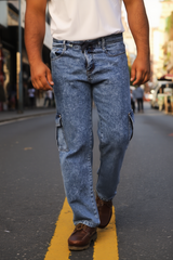 Gambluss Acid Washed Relaxed-Fit Denim Cargo-light Blue