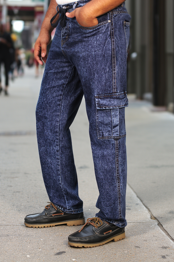 Gambluss Acid Washed Relaxed-Fit Denim Cargo-Blue