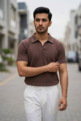 Gambluss Knitted Cotton Textured Polo Shirt - Brown
