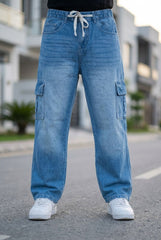 Gambluss Draw String Baggy Denim Cargo Pants – Stone Blue