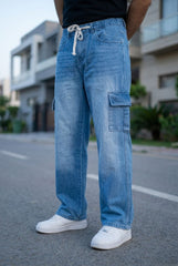 Gambluss Draw String Baggy Denim Cargo Pants – Stone Blue