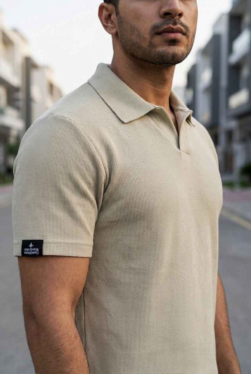 Gambluss Knitted Cotton Textured Polo Shirt - Beige