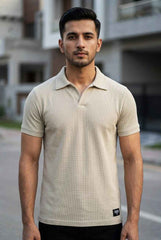 Gambluss Knitted Cotton Textured Polo Shirt - Beige