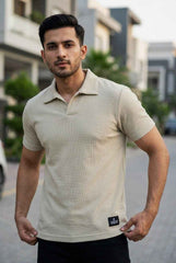 Gambluss Knitted Cotton Textured Polo Shirt - Beige