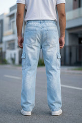 Gambluss Draw String Baggy Denim Cargo Pants – Iced Blue