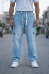Gambluss Draw String Baggy Denim Cargo Pants – Iced Blue