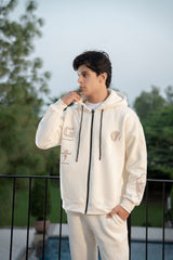 Gambluss Ivory Oversized Graphic Zipper Hoodie Tracksuit | Cotton Fleece Streetwear