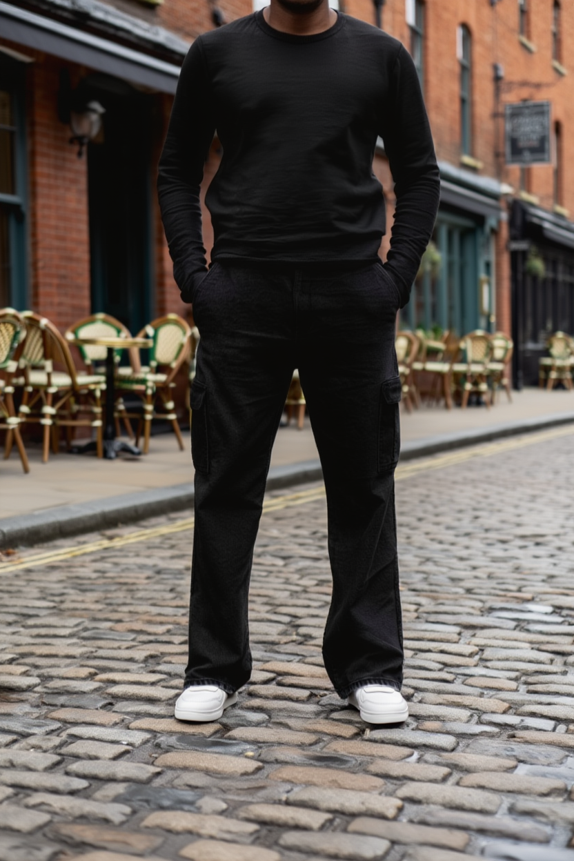 Gambluss Essential Relaxed-Fit Denim cargo Pant- Jet Black-CP