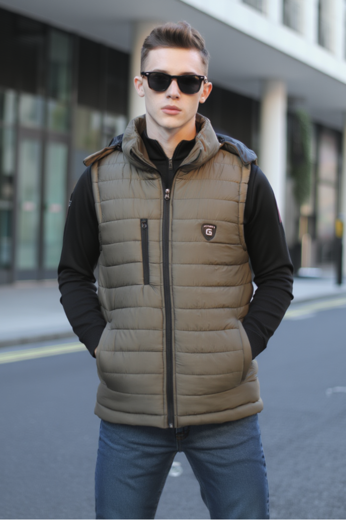 Olive Sleeveless Removable Hood Puffer Jacket