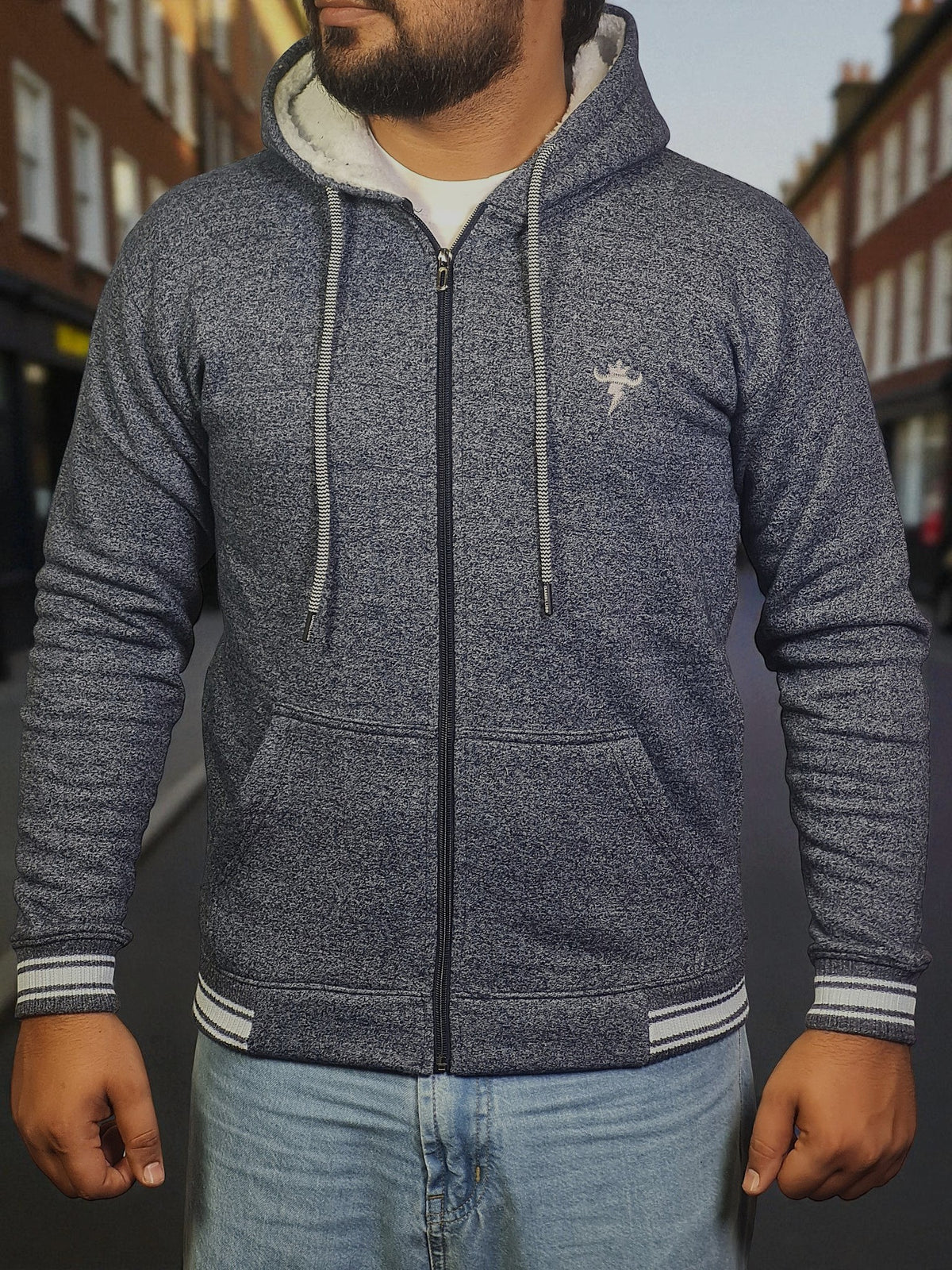 Gambluss Navy Winter Hoodie – Chain Yarn Fleece 350 GSM with Fur Inner