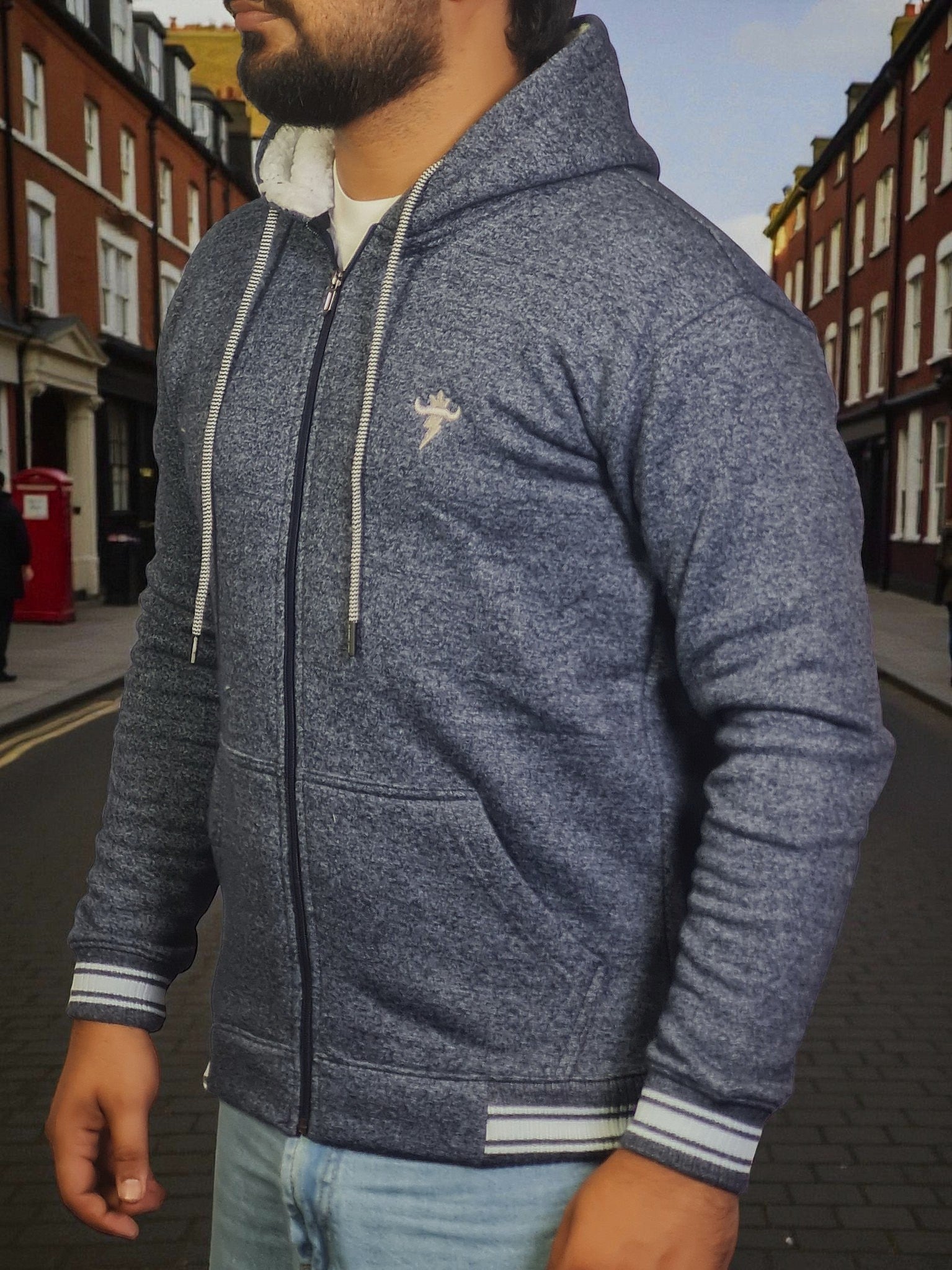 Gambluss Navy Winter Hoodie – Chain Yarn Fleece 350 GSM with Fur Inner