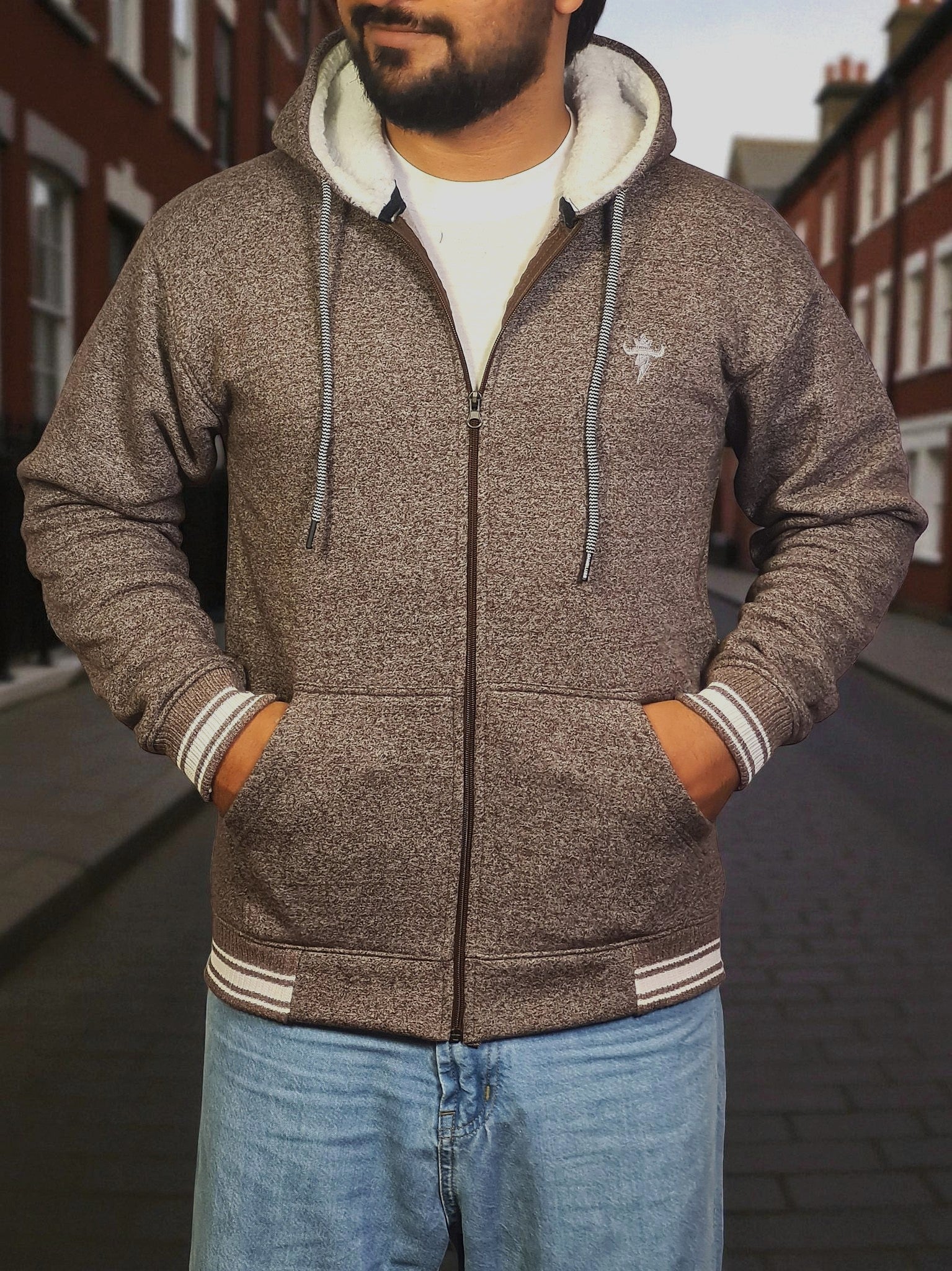 Gambluss Dark Brown Winter Hoodie – Chain Yarn Fleece 350 GSM with Fur Inner