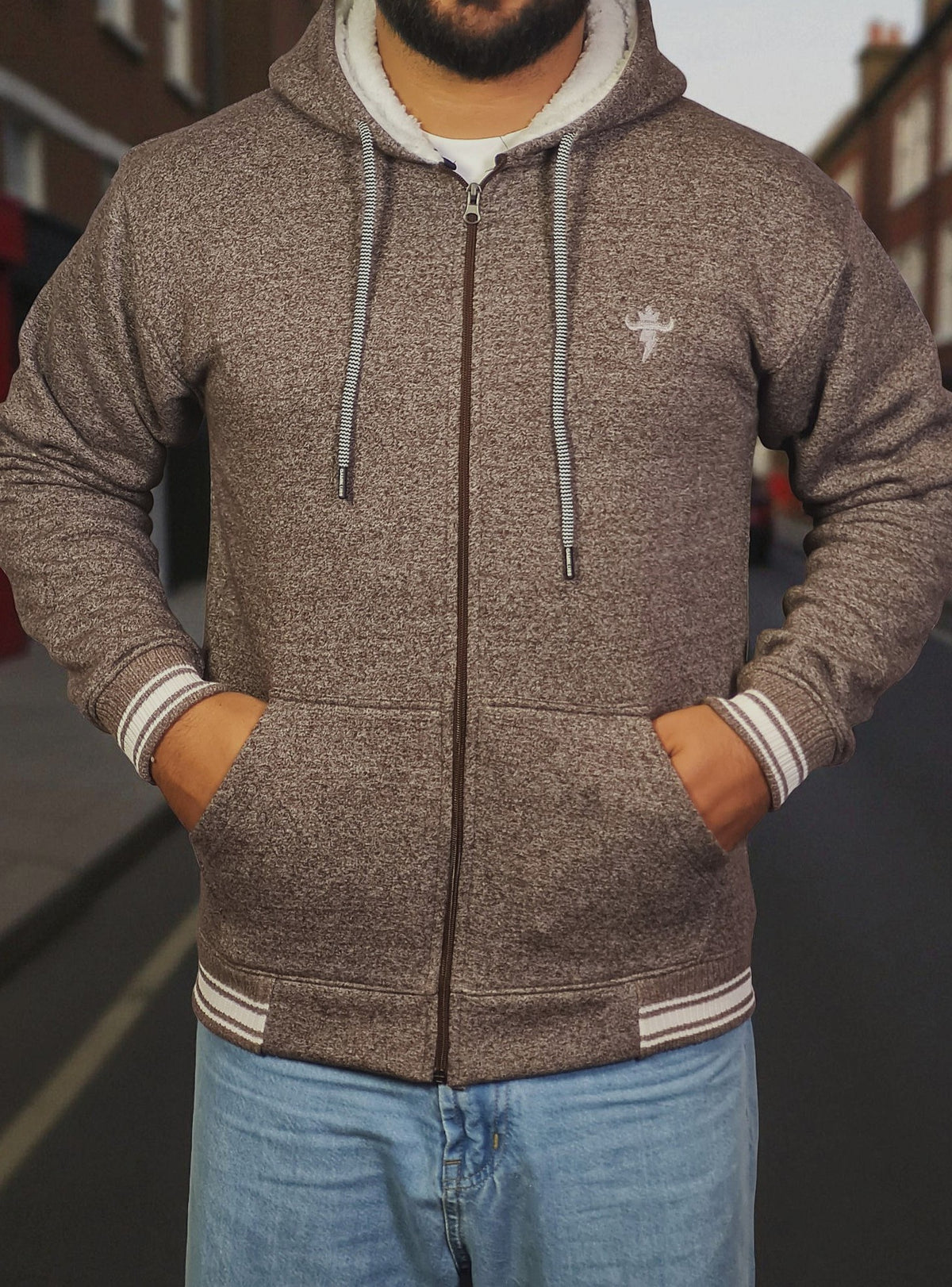 Gambluss Dark Brown Winter Hoodie – Chain Yarn Fleece 350 GSM with Fur Inner