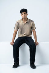 Gambluss Beige & Black Striped Turkish Textured Drop Shoulder Polo Shirt | Premium Men's Knit Polo