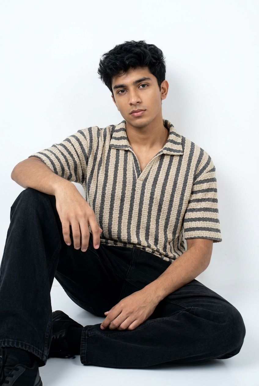 Gambluss Beige & Black Striped Turkish Textured Drop Shoulder Polo Shirt | Premium Men's Knit Polo