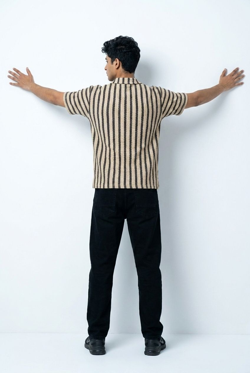 Gambluss Beige & Black Striped Turkish Textured Drop Shoulder Polo Shirt | Premium Men's Knit Polo