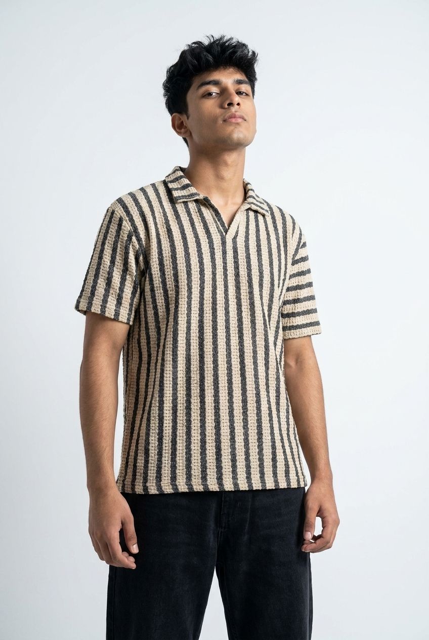 Gambluss Beige & Black Striped Turkish Textured Drop Shoulder Polo Shirt | Premium Men's Knit Polo